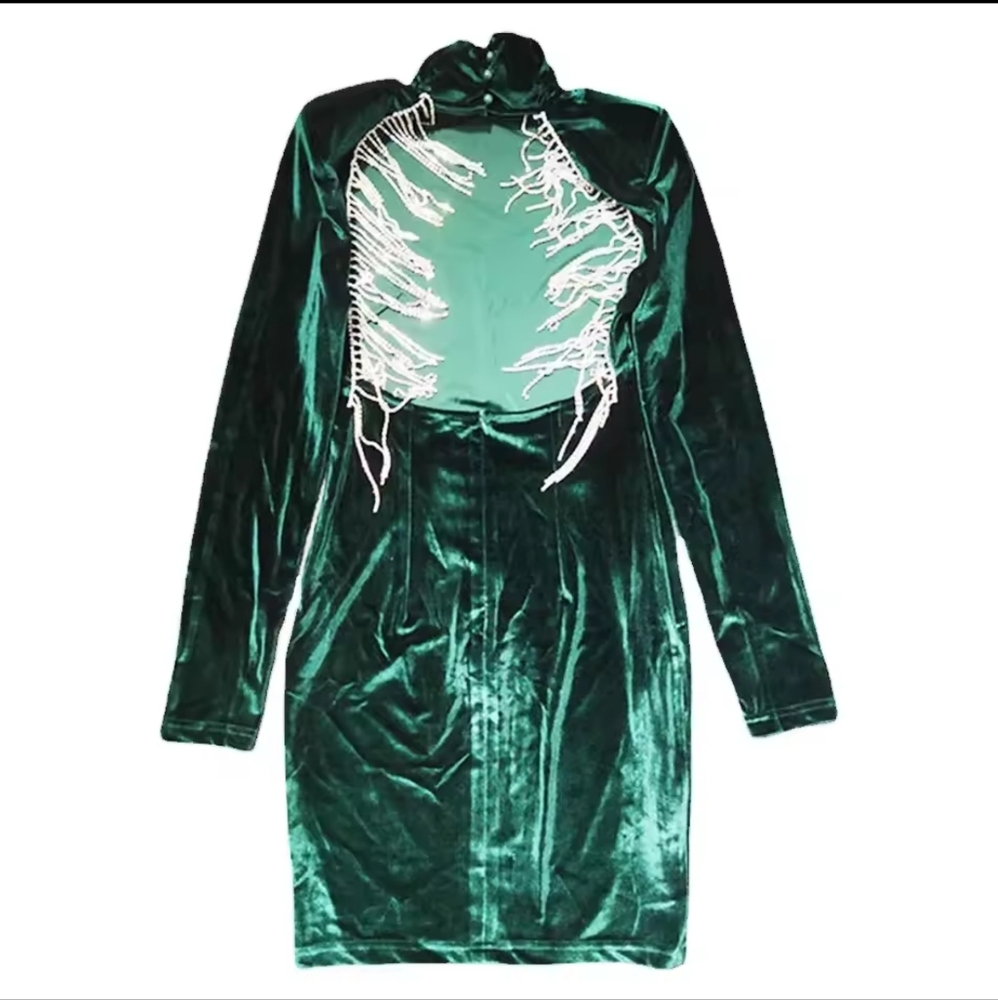 Green Sexy Fashion Backless Diamonds Tassel Rayon Velvet Dress - Picture 4 of 6